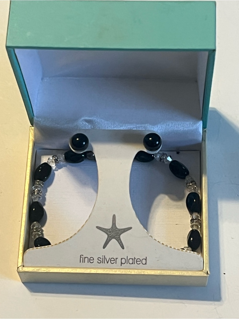 Fine Silver Plated bracelet and Black Bead Earrings
